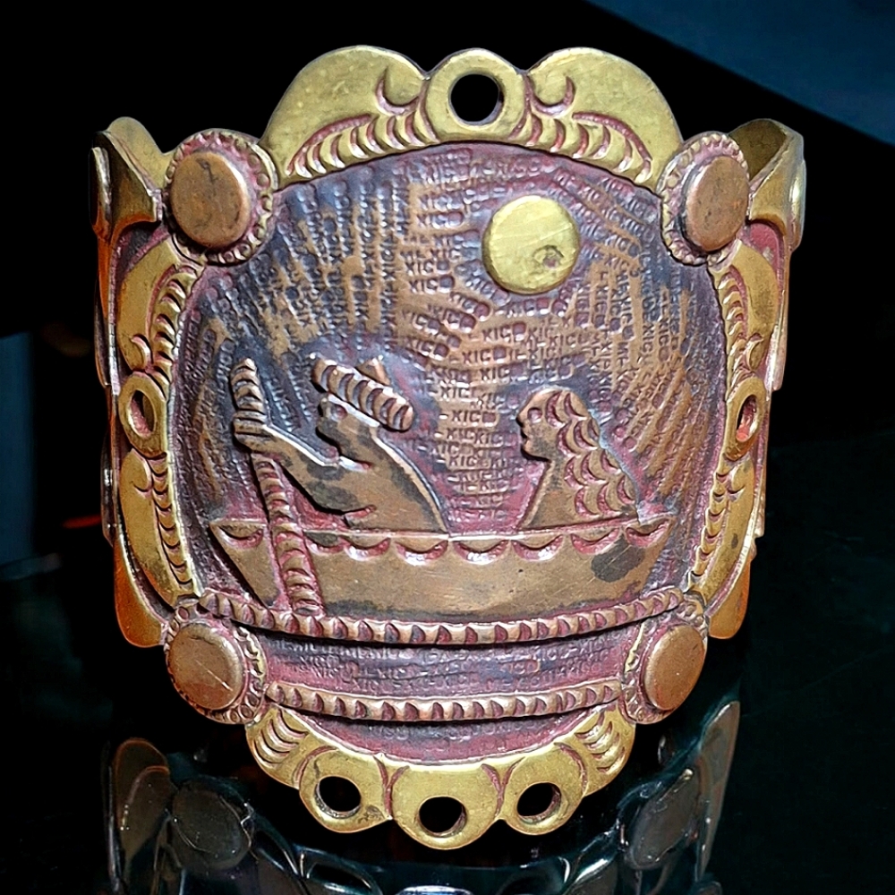 Vintage  Mayan Wide Mexico Mixed Metals Cuff Bracelet